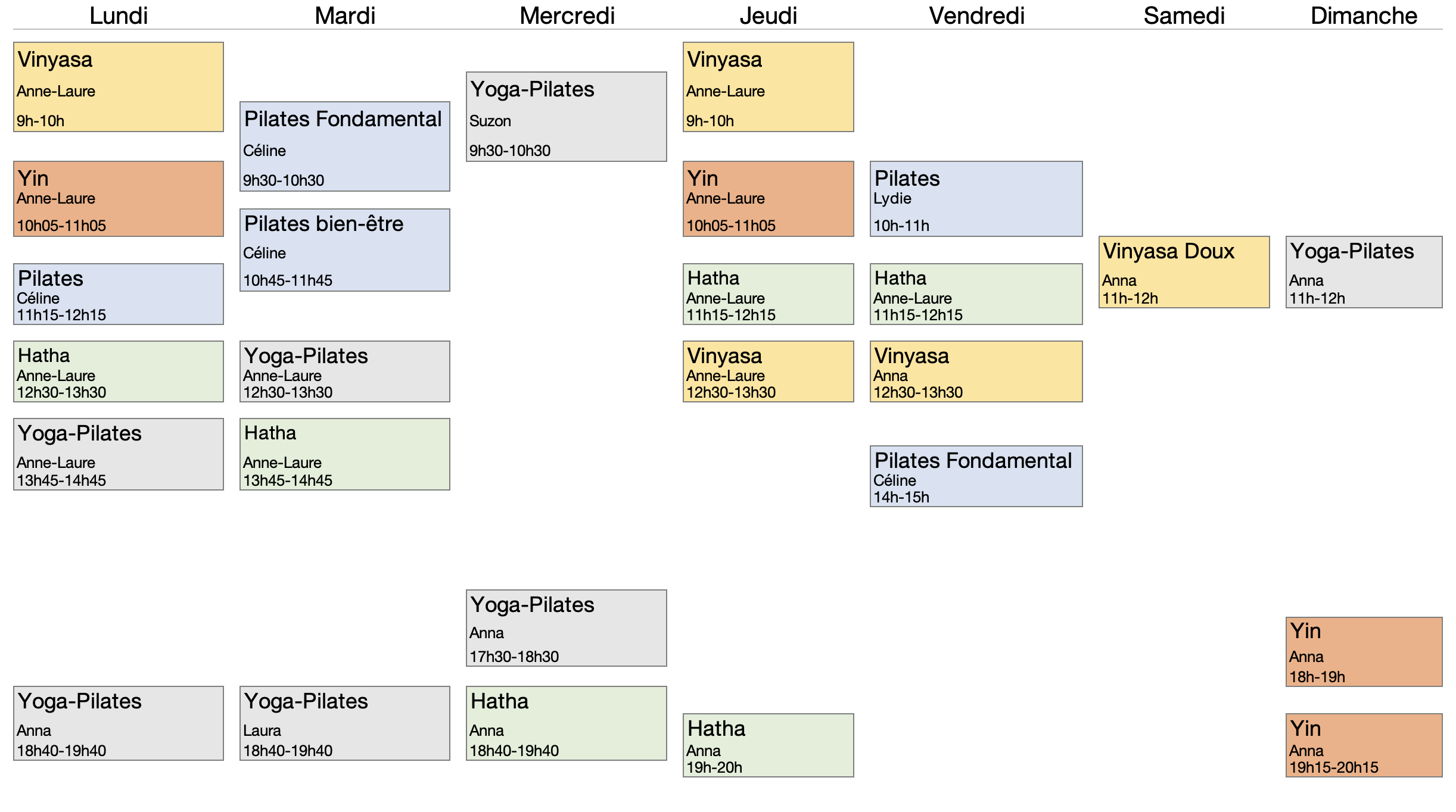planning des cours de Yoga et Pilates